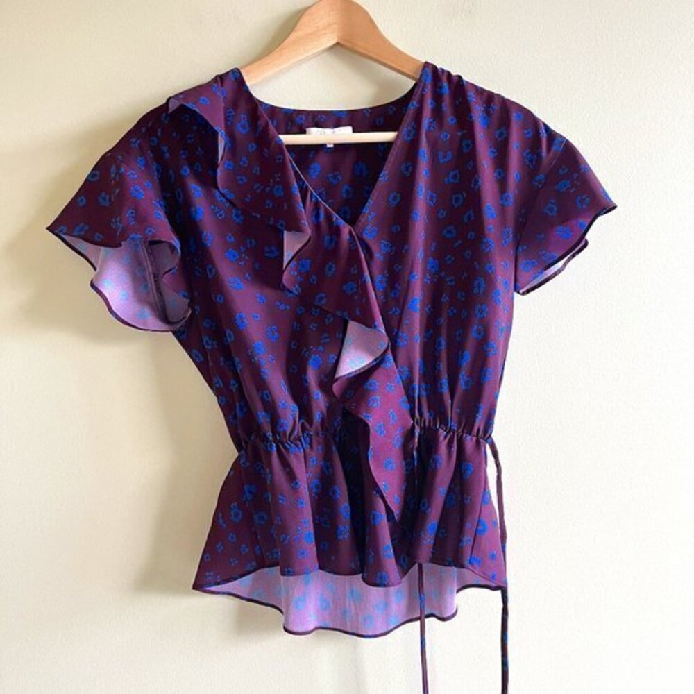 Parker Womens XS Cobalt Leopard Purple Wrap Style Asymmetrical Ruffle Blouse Top